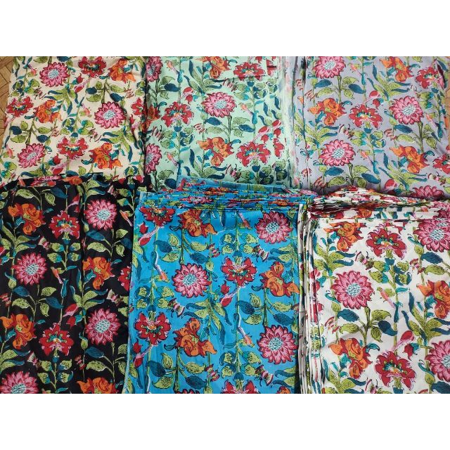 5 Yards Hand Block Print Cotton Fabric - Natural Sanganeri Print, Indigo Blue, 45" Wide