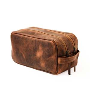 Vintage Leather Toiletry Bag with Zipper Closure Medium Size Soft Handle Durable Cosmetic <b>Case</b> for Travel - Product Image 1