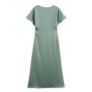 Vestido Largo Casual de Verano para Mujer, Estilo Informal, de Satén Sedoso, 6 Colores, Cuello en V, Manga Corta, Estilo Imperio, Chifón, Tipo Lápiz, para Primavera - Product Image 3