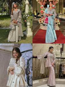 DESIGNER MODERN HEAVY NATUREL CRÊPE BRODÉ SEQUENCE TRAVAIL avec FANCY TOP SHARARA DUPATTA SET pour la FÊTE - Product Image 6