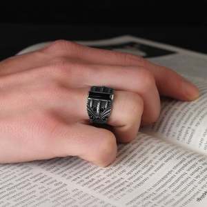 Anillo Turco de Plata de Ley 925 para Hombre, Estilo Otomano, Piedra Natural Azuris Negra, VALKH1389 - Product Image 1