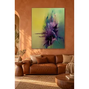 Impression sur toile abstraite Fida Purple Burst sur fond jaune vert - Product Image 1