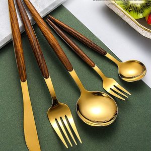 Juegos de cubiertos chapados en oro de primera calidad, cubiertos de buena calidad, tallo de madera Natural, boda, comedor ocasional, uso doméstico, cocina amigable - Product Image 2
