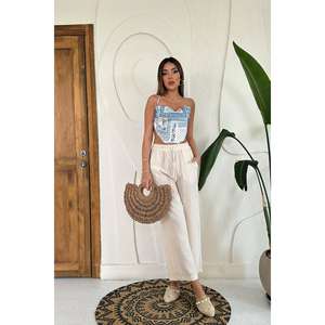 Pantalones anchos de lino beige al por mayor con cintura alta y característica transpirable - Product Image 3