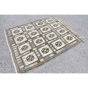 Tapis turc Vintage traditionnel Beige noir 4.3 X 5.4ft fait à la main Patchwork Design laine Polyester matériel avec Latex pour chambre - Product Image 3