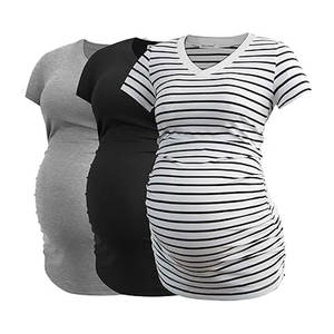 Ropa de maternidad con cuello en V para mujer, camiseta de embarazo fruncida lateral suave, ropa prenatal elegante, precio al por mayor elástico a granel - Product Image 1
