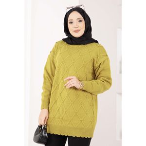 Pull en tricot décontracté pour fille avec pompons, motif Baklava, vert olive, respirant pour l'automne-hiver, logo frontal, boutons - Product Image 2