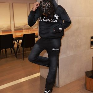Black Acid Wash Sweatsuit Unisex Cotton Poly <b>Blend</b> Acid Wash Hoodie Jogger Set Embroidered Logo Premium Streetwear Outfit - Product Image 3