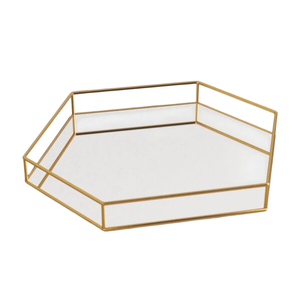 Bandeja Decorativa Hexagonal Moderna y Glamorosa de Metal con Espejo, Acabado Dorado, Organizador de Maquillaje y Joyas de Vidrio, Bandeja de Almacenamiento, Decoración para el Hogar - Product Image 1