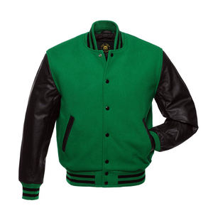 Veste bomber verte Varsity, veste Letterman avec manches en cuir, vente en gros de vestes varsity en cuir personnalisées pour hommes - Product Image 2