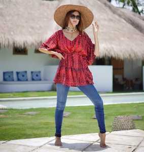 เสื้อคาฟตันคอวีสำหรับผู้หญิงผ้าเรยอนยาวถึงเข่าสำหรับวันหยุดยาวครึ่งแขนมัดย้อมผ้าคาฟตันลำลองสำหรับผู้หญิง - Product Image 4