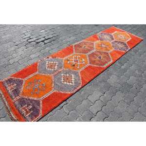 Herki Vintage Rug, 2.7x9.7 ft Turkish Rug, <b>Red</b> Polka dot <b>Wool</b> Rug - Product Image 3