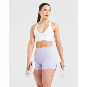 Sujetador deportivo de fibra blanca con logotipo personalizado, correas traseras ajustables, escote en forma de V, Sujetador deportivo suave de alto impacto para mujer - Product Image 5