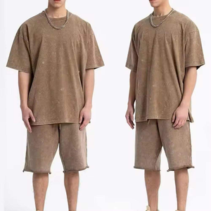 Ensemble deux pièces streetwear oversize pour homme, été, respirant, vintage, en tissu éponge délavé à l'acide, t-shirt et short teints en pièce - Product Image 5