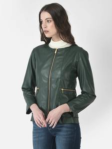 Chaqueta de Cuero Genuino Verde Oscuro para Mujer, sin Cuello, con Cierre, Estilo Motociclista, Herrajes Dorados, Corte Ajustado, Informal, para Otoño e Invierno, Ropa Exterior de Algodón - Product Image 4