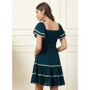 Deebaco Women's Teal Blue Solid A-Line Lace-Up Tiered Mini <b>Dress</b> With Ruffle Sleeve Square Neck Casual Summer Style - Product Image 4