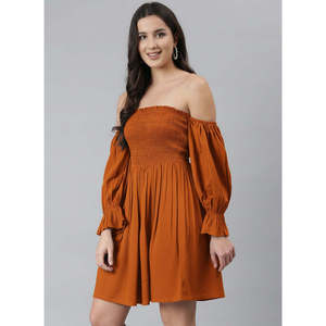 Deebaco Women's Off-The-Shoulder Balloon Sleeve Mini <b>Dress</b> A-Line Solid Smocking Chiffon <b>Loose</b> Fit Summer Cocktail <b>Dress</b> - Product Image 3