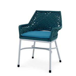 Teal Outdoor <b>Dining</b> <b>Armchair</b> White Aluminium Frame Synthetic Ropes Blue Cushion Patio Setup Art Design Decor - Product Image 1