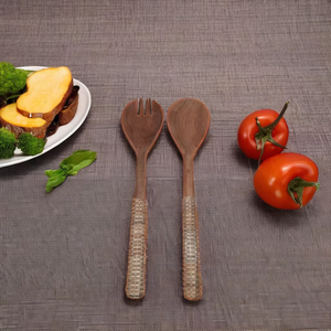 Acacia Wood Salad <b>Server</b> Set with Rattan Weaving Handles Large Commercial Kitchenware for <b>Food</b> Serving - Product Image 1