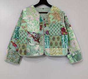 Veste matelassée en coton faite à la main pour femmes, style indien boho, rayure, passepoil, bouton ouvert sur le devant, tenue décontractée, manteaux longs et courts - Product Image 1