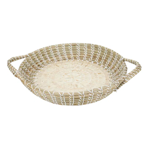 Decorative Round Seagrass Tray With Mother Of Pearl Base, MOP Serving Tray With Handle For <b>Coffee</b> <b>Table</b>, Home Decor From Vietnam - Product Image 1