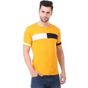 Men's Yellow Short Sleeve T-Shirt With <b>Black</b> <b>And</b> <b>White</b> Contrast Trim Regular Fit Casual Knitted Cotton O-Neck - Product Image 3