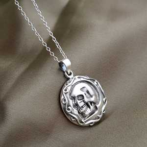 2026 New Fashion Gothic Skull Pendant Necklace Brass Jewelry Men Oxidized Silver Finish Biker Round Coin <b>Charm</b> Wholesale - Product Image 1