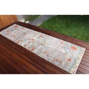Turkish Vintage <b>Rug</b>, <b>Runner</b> 2.6x9 ft (78x273 cm) <b>Rug</b>, Gray Floral Wool <b>Rug</b> - Product Image 2