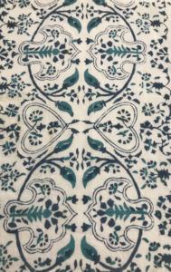 Tela de Algodón Estampada a Mano con Diseño Floral de Medallón Árabe Simétrico en Azul Verde Azulado sobre Base Blanca - Product Image 3