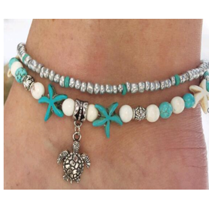 Cavigliere a due fili con tartaruga turchese, placcate oro 18K, con intarsi personalizzati con zirconi, diamanti, perle e strass, di ispirazione religiosa - Product Image 2