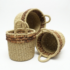 Natural Water Hyacinth Recycled <b>Plastic</b> Storage <b>Basket</b> Set Brown Beaded Rim Arch Handle Pot Planter Setup Pure Art Design - Product Image 3