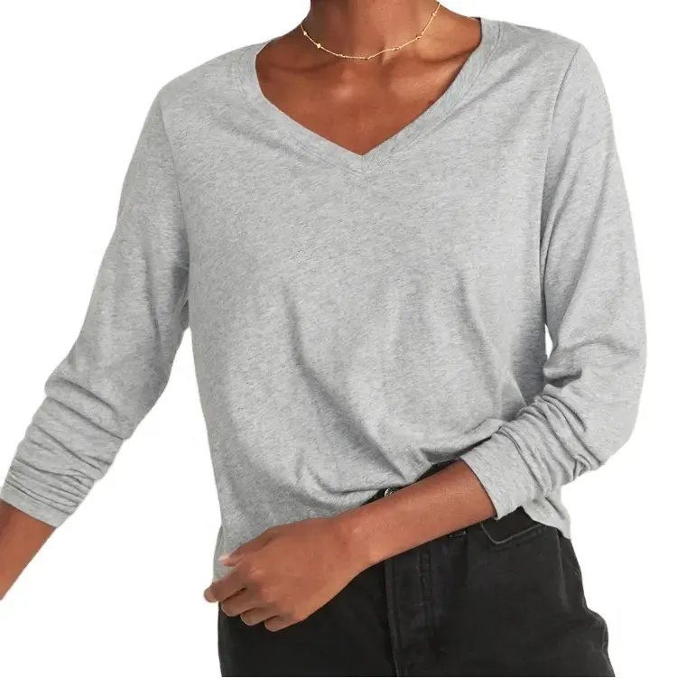 Camiseta feminina de manga longa cinza prateado para academia, camiseta esportiva feminina com gola V respirável, melhor design para meninas