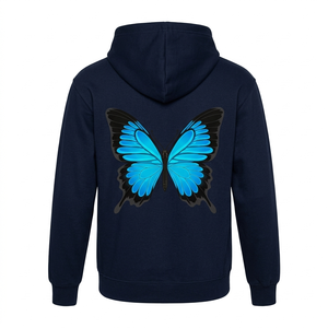 Sweat à capuche de luxe pour homme, design original OEM, motif papillon, logo personnalisé, bleu marine, fermeture éclair intégrale, orné de strass, en polaire - Product Image 1