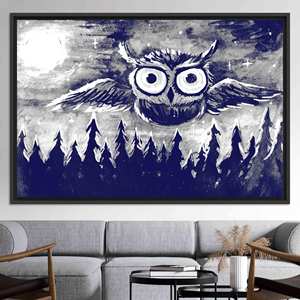 Tableau sur toile avec hibou bleu marine : paysage de pin, impression sur toile, toile encadrée noire - Product Image 1