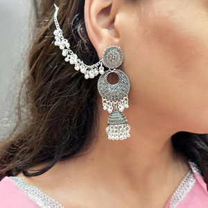 Indian Oxidized Floral Chandbali Wedding <b>Earrings</b> With <b>Chain</b> Jhumka Supplier Indian Wholesaler Jewelry for Women - Product Image 3