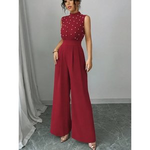 Mono largo brillante con cuello alto, sin mangas, adornado con perlas y cinturón para mujer, 35237 - Rojo - Product Image 1