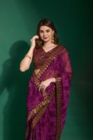 Magnifique Saree en Chiffon à Motifs Floraux, Tissu de Créateur, Tendance, Confortable, pour Tenue Décontractée, avec Broderie Fantaisie et Dentelle