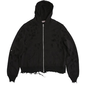 เสื้อฮู้ดดี้ผู้ชายสไตล์สตรีทแวร์ ผ้าคอตตอนผสม ทรงหลวม ซิปหน้า ดีไซน์ขาดๆ เหมาะสำหรับฤดูหนาว แฟชั่นลำลอง - Product Image 4