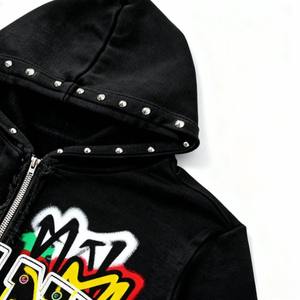 Custom Applique Embroidery Distressed Hoodie <b>Rhinestone</b> Zip <b>Jacket</b> Acid Wash Vintage Cropped Fleece Streetwear Solid Winter - Product Image 3