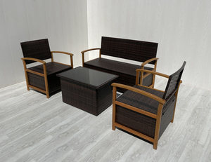 Ensemble de jardin et de terrasse 4 pièces en rotin d'acacia moderne de qualité supérieure, avec plateau de table réglable KD et coussins gris imperméables pour l'extérieur - Product Image 3