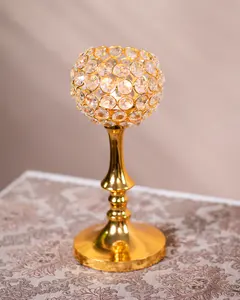 Centres de table de mariage décoration métal doré cristal romantique forgé avec perles de cristal clair bougeoir lot de 3 - Product Image 2