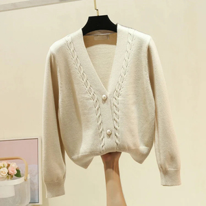 Suéter Cárdigan de Mujer, Estilo Coreano, Tejido de Ganchillo, Acrílico/Poliéster, Cuello en V, Casual, Suave, Transpirable, con Botones, Moda de Invierno, Largo - Product Image 2
