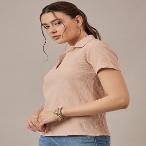 Camiseta beige con cuello Polo, camiseta de poliéster de punto, ropa informal de verano con camiseta de mujer, longitud Regular - Product Image 3