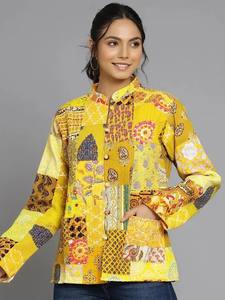 Indian <b>Short</b> Stand Collar Woven Cotton Patchwork Handmade Quilted Reversible Kantha <b>Jacket</b> - Product Image 5