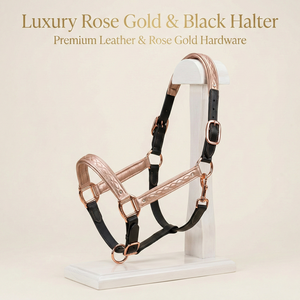 Elegante Cabestro de Cuero Negro para Caballo, Silla de Montar Inglesa, Bocina Acolchada en Oro Rosa, Detalles Acolchados en la Corona, Equipo Ecuestre Premium - Product Image 2