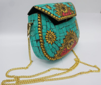 Pochette de soirée tendance en métal de luxe pour femme, motif mosaïque pierre bleue, perles, style vintage anglais, sac à main de fête à la mode