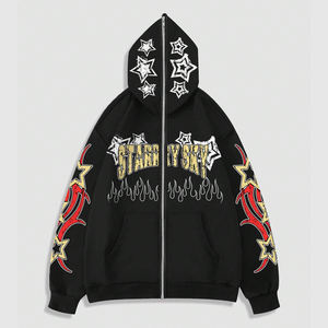 Vente en gros Sweat-shirt à capuche zippé à imprimé lettre et pentagramme de haute qualité pour hommes avec épaules tombantes et cordon de serrage - Product Image 1