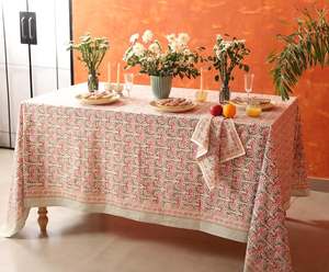 Cubierta de mesa de algodón con estampado de bloque manual grande, colores de Navidad extravagantes brillantes florales para Otoño Invierno, comedor festivo, decoración del hogar - Product Image 6