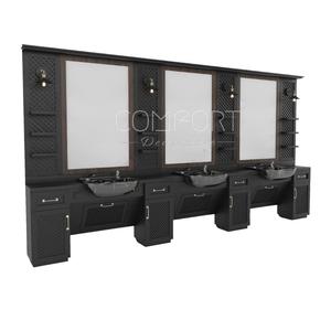 Estación de Barbería Moderna de Diseño Lujoso en Dorado y Negro para Salón de Belleza, Material de Madera, Espejo para Peluquería - Product Image 1