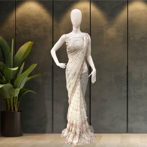 Trắng Ấn Độ Bollywood người nổi tiếng ưa thích vải thêu với áo Sari mới nhất độc quyền <span class=keywords><strong>Saree</strong></span> dân tộc áo cưới thiết kế - Product Image 2